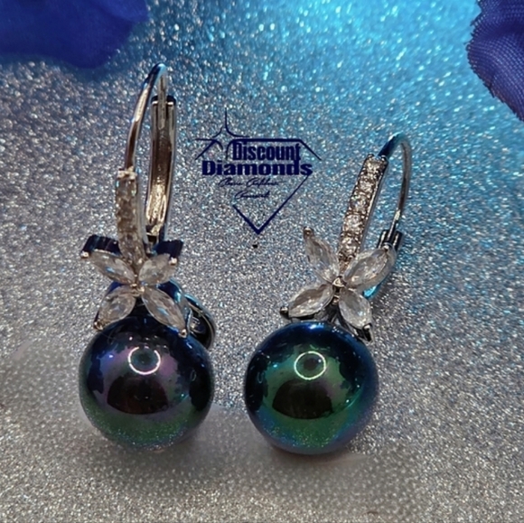 10mm South Sea Shell Pearl  White Baguette Diamond Leverback Earrings 925 - Picture 9 of 11